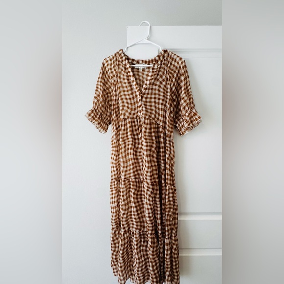 Brown Checkered Midi Dress - Picture 2 of 11